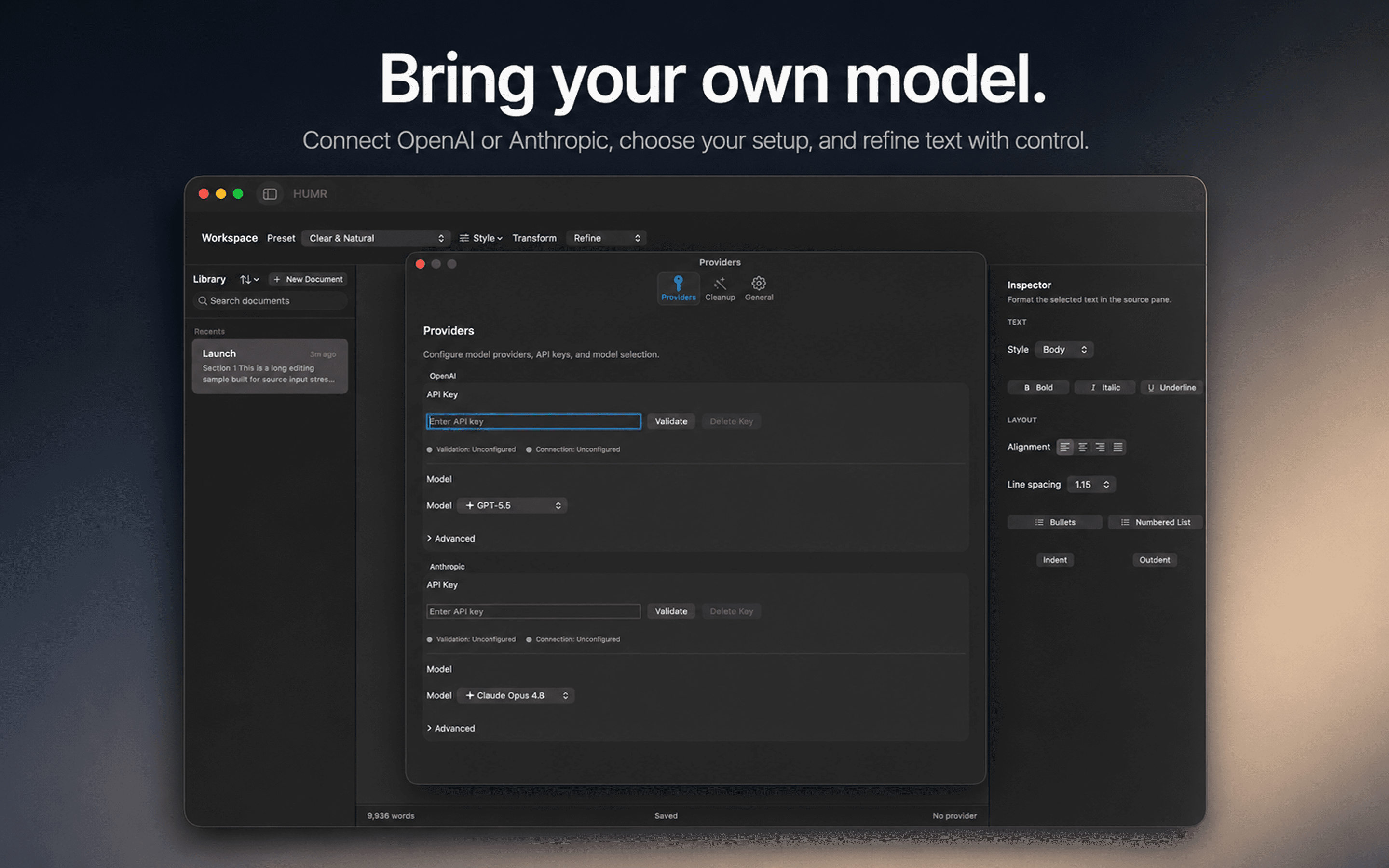HUMR provider settings for OpenAI and Anthropic API keys.