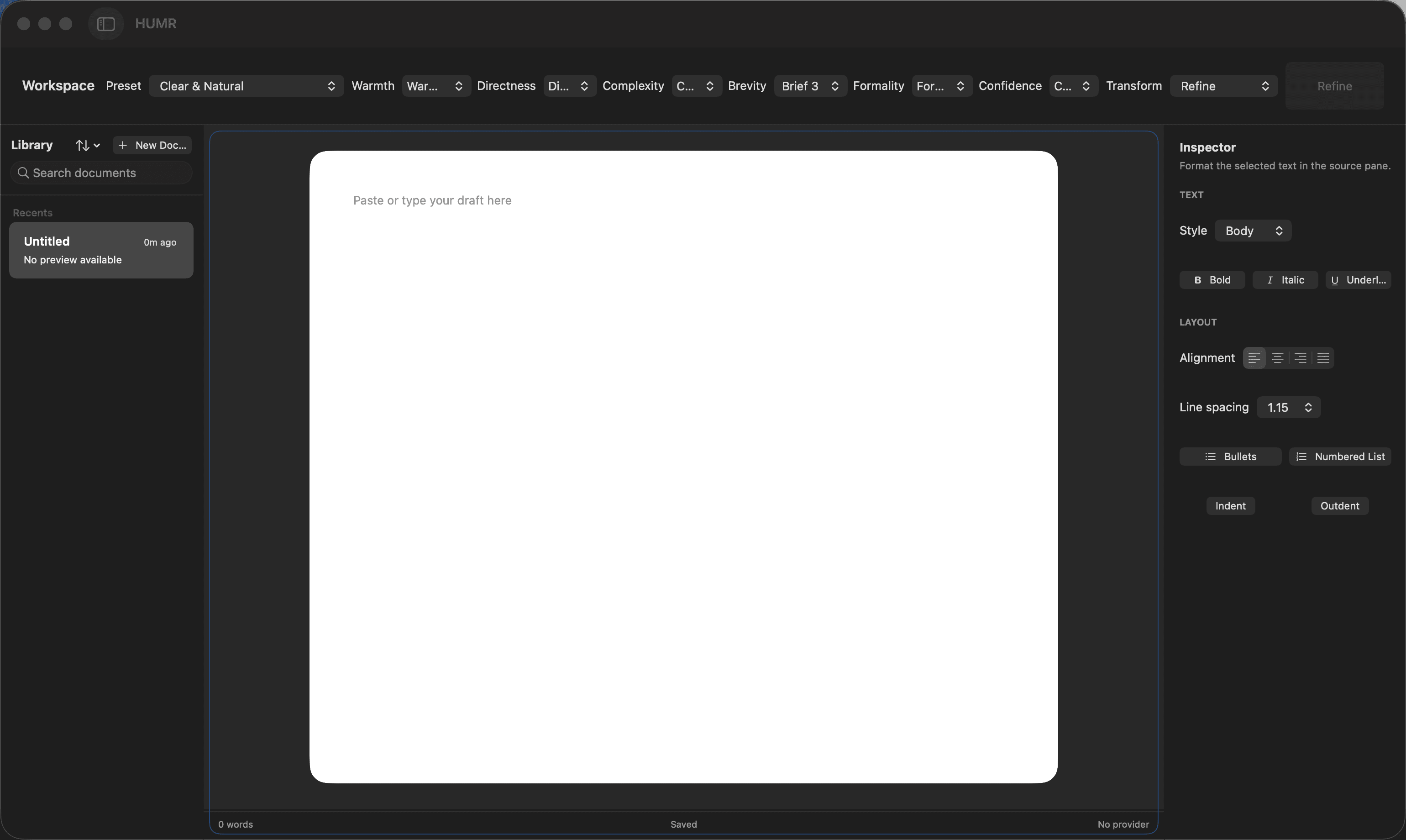 HUMR workspace interface preview in dark mode