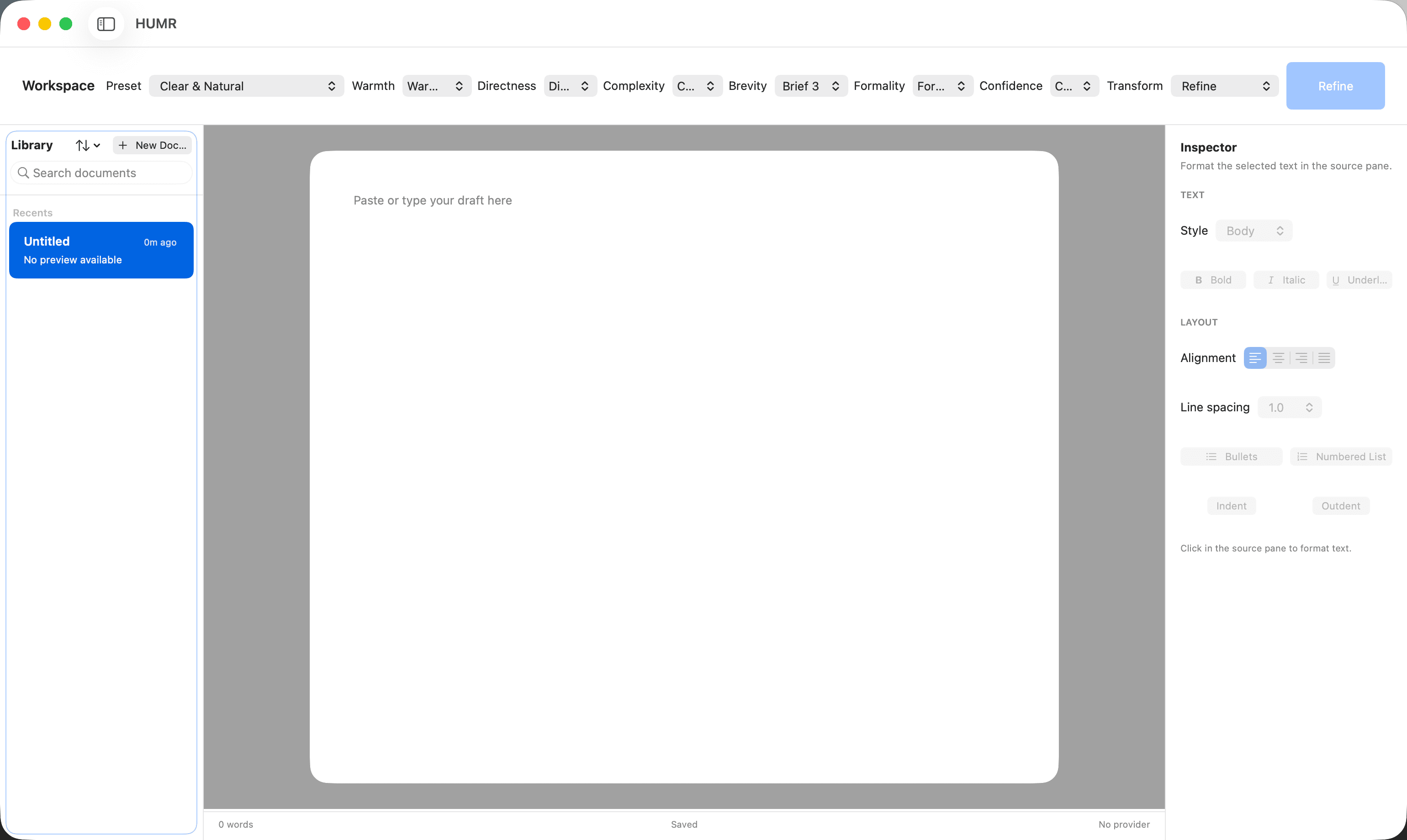 HUMR workspace interface preview in light mode