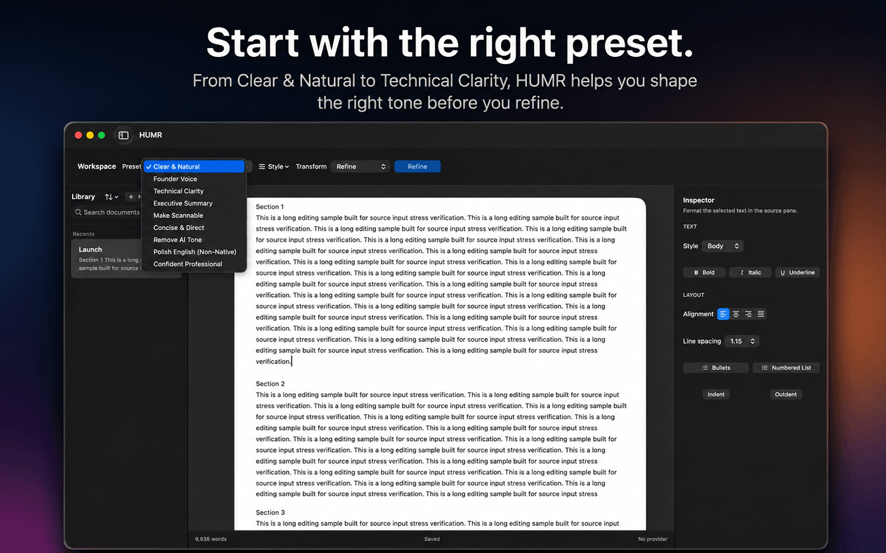 HUMR preset menu for selecting writing refinement styles.