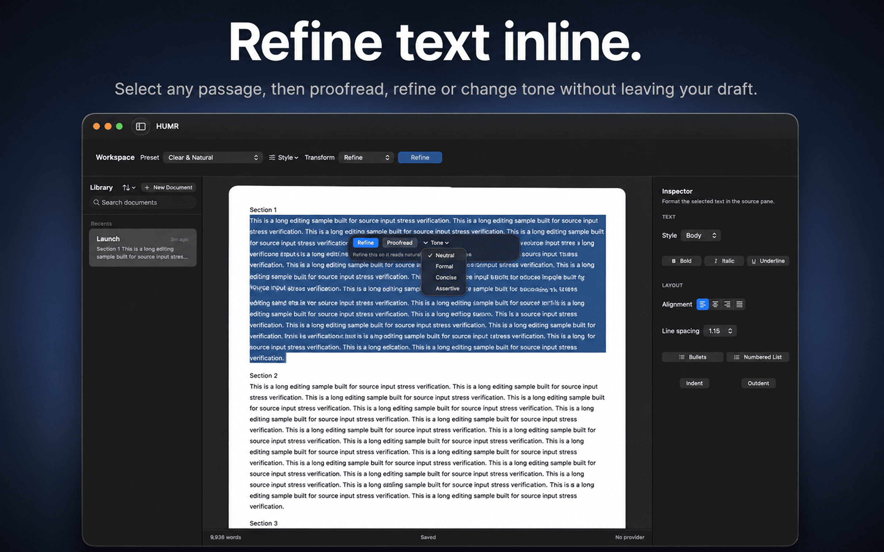 HUMR inline refinement controls shown over selected draft text.