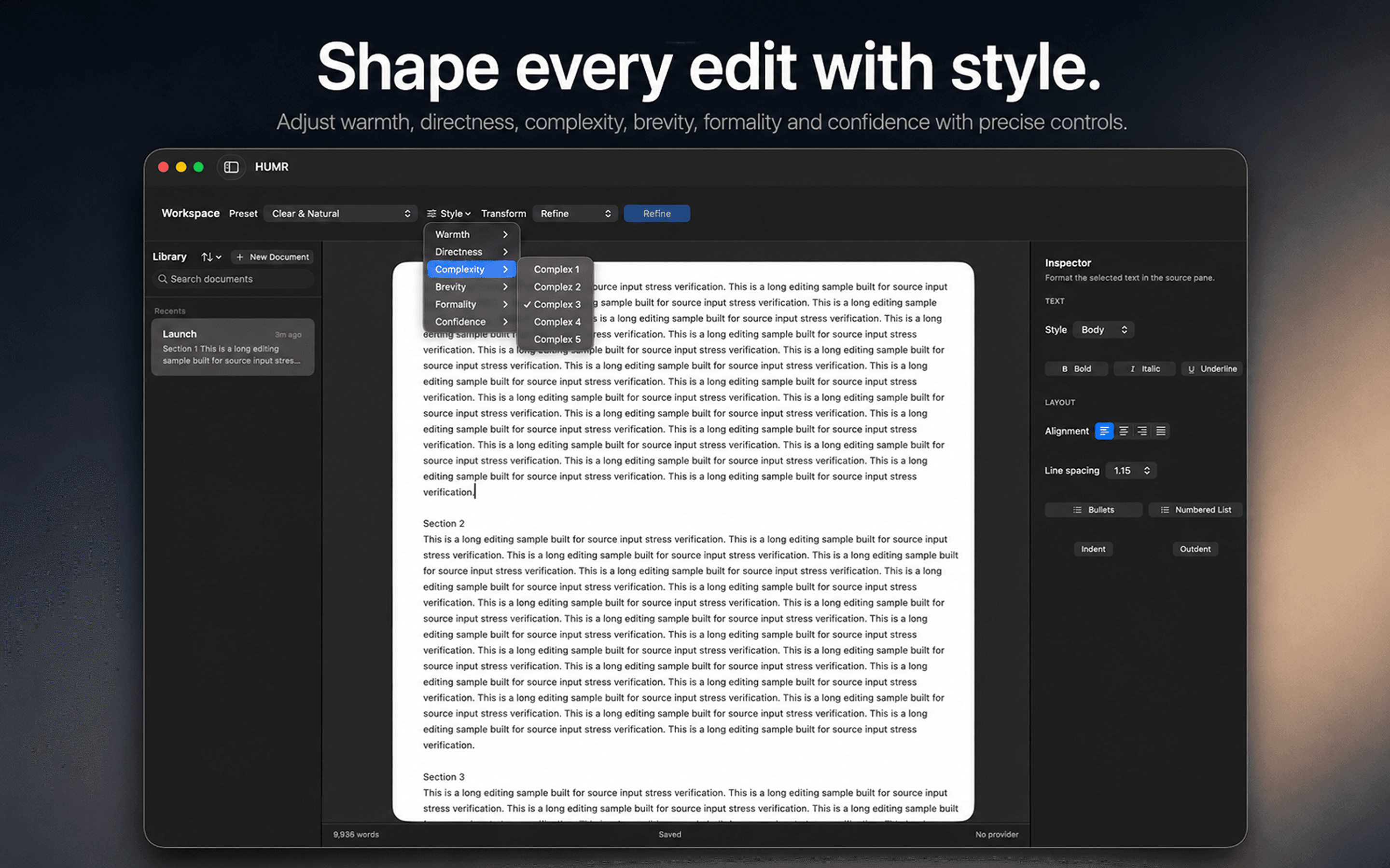 HUMR style menu with tone and complexity controls.