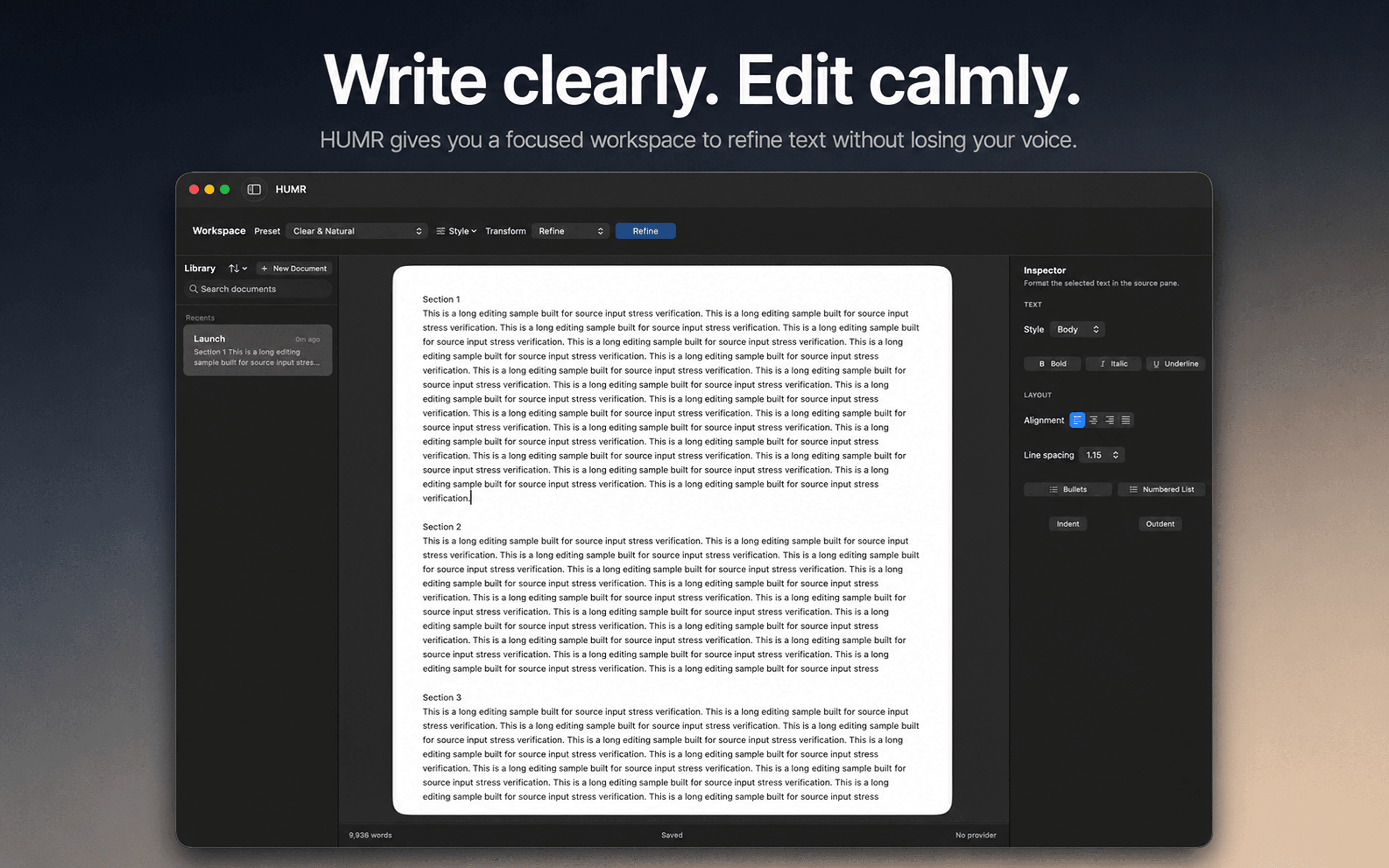 HUMR workspace showing a long draft in the local writing editor.